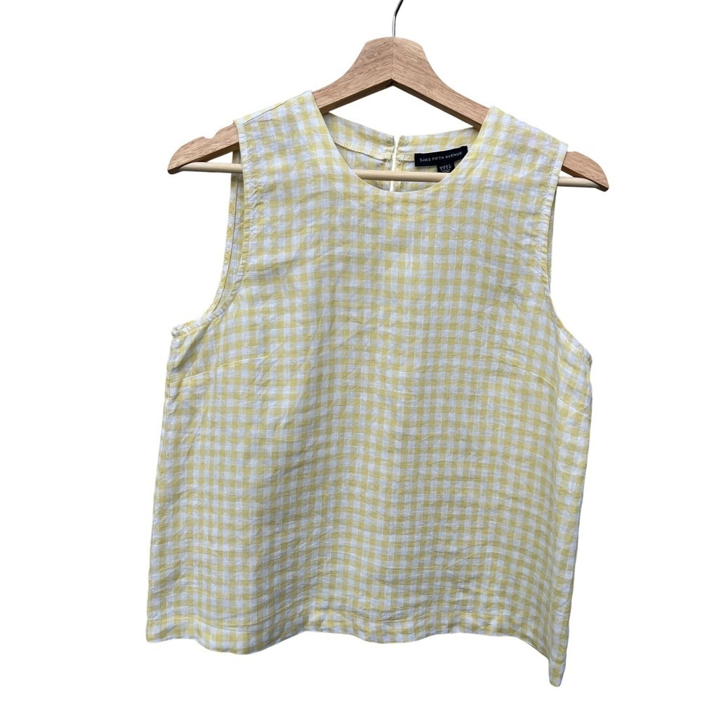 SAKS FIFTH AVE Gingham Linen Tank Top Yellow White M Cottagecore Summer Beach